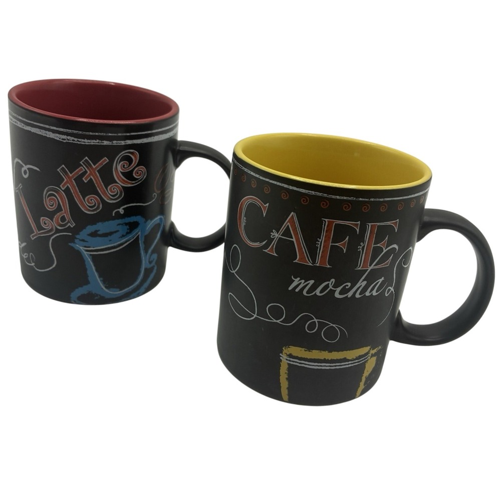 2 Starbucks Coffee 2007 Black Café Mocha Latte‎ Blackboard Mugs 12oz Collectible